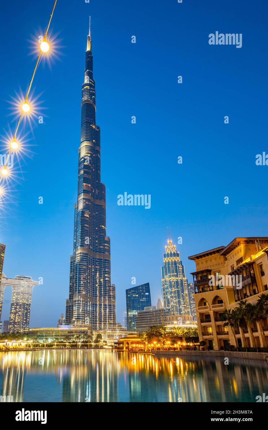 Dusk view of the Burj Khalifa and the downtown area, Dubai, UAE, 2021. Stock Photo