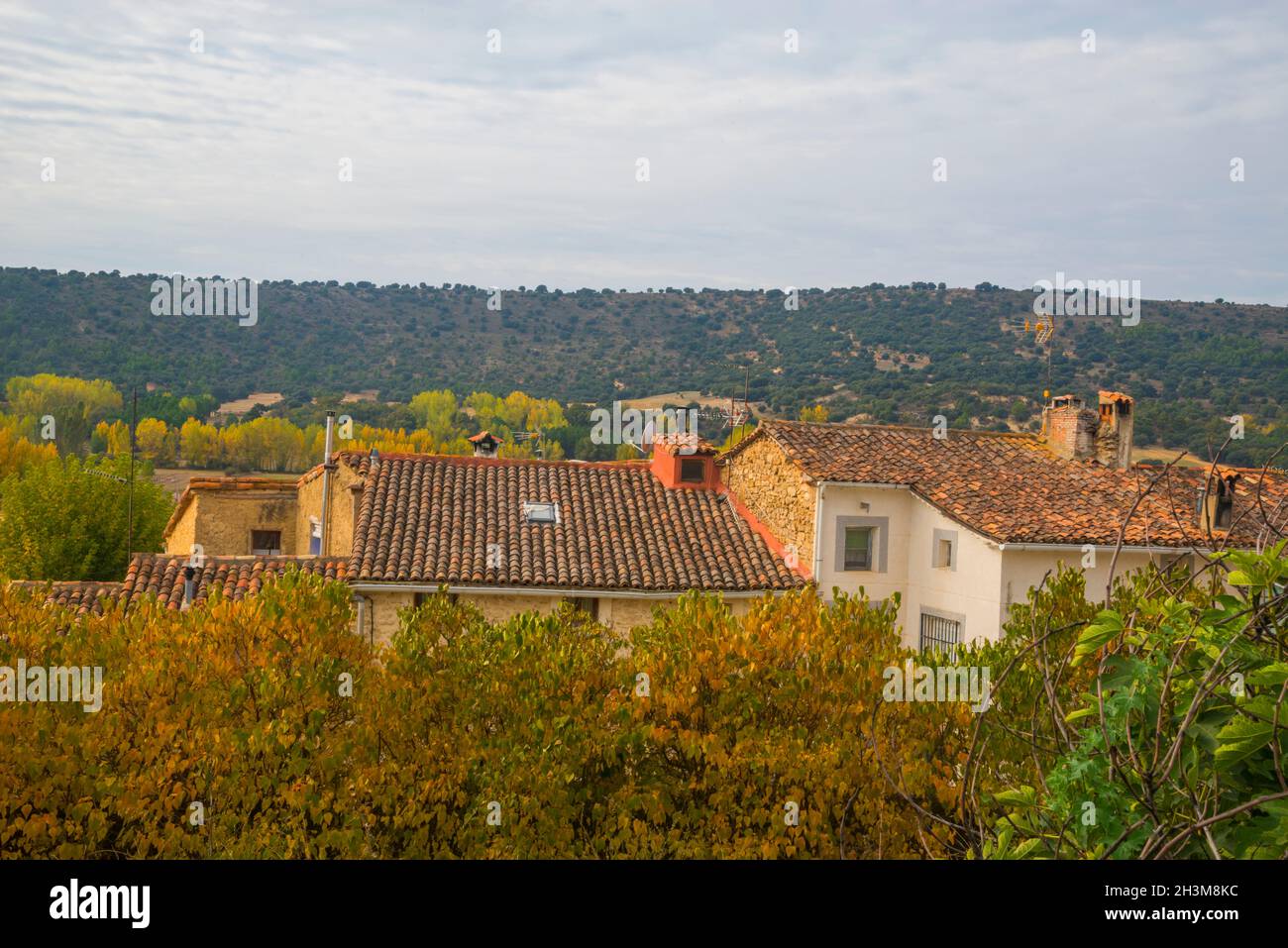 Houses and landscape. Cañada del Hoyo, Cuenca province, Castilla La Mancha, Spain. Stock Photo