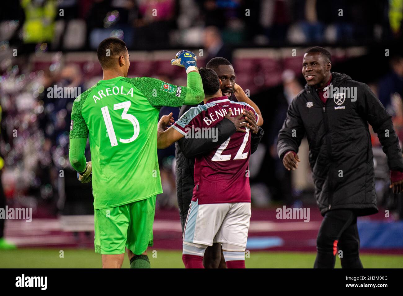 LONDON, ENGLAND - OCTOBER 27: Said Benrahma, Alphonse Areola during the Carabao Cup Round of 16 match between West Ham United and Manchester City at L Stock Photo