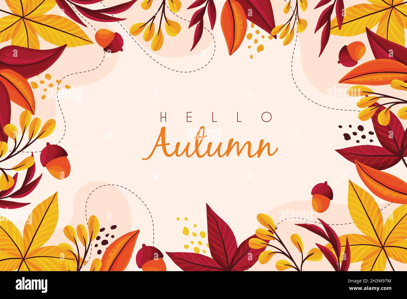 hello autumn with leaves hand drawn background vector design illustration Stock Vector