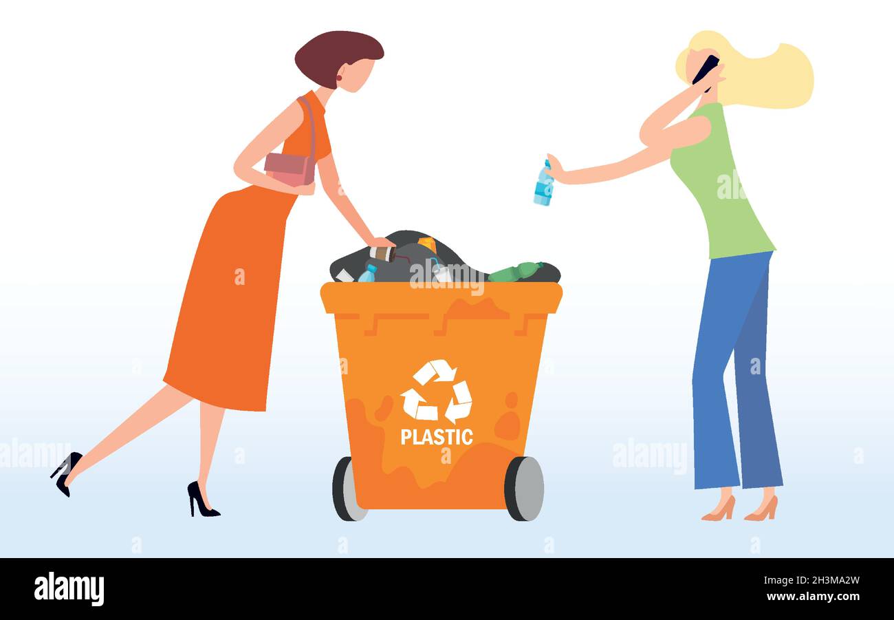 Waste sorting. Waste bin for plastic. People throw away plastic trash