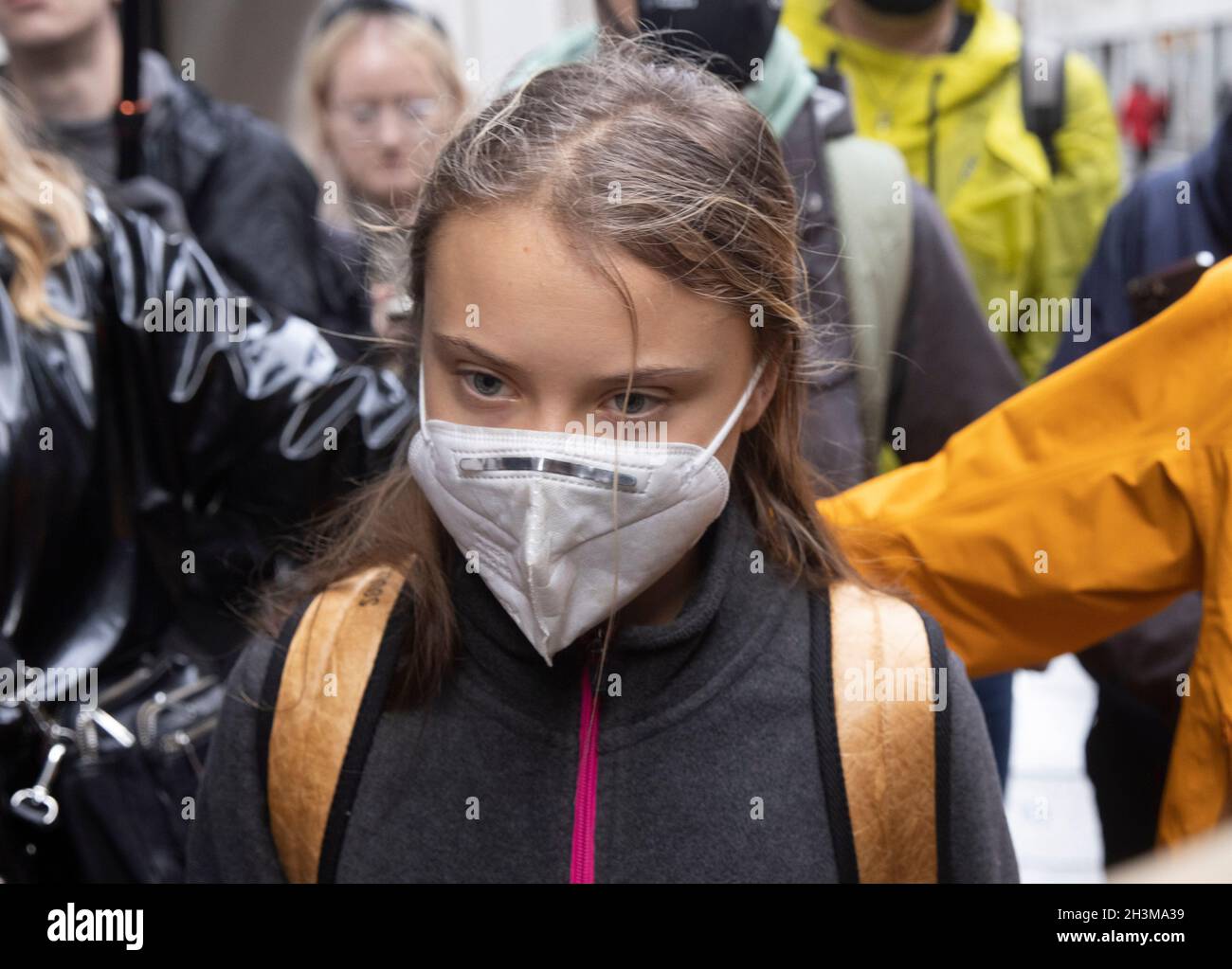 London, UK. 29th Oct, 2021. Climate activists protest outside Standard Chartered Bank in The City. Greta Thunberg arrives to join the protest. Credit: Mark Thomas/Alamy Live News Stock Photo