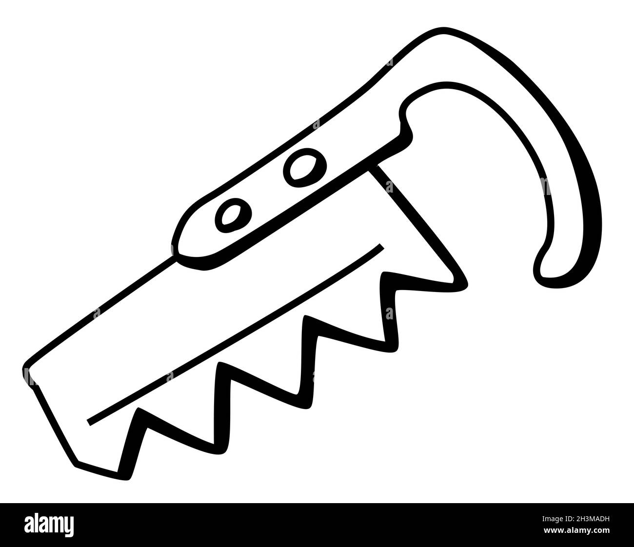 Saw small cartoon line drawing, vector, horizontal, black and white