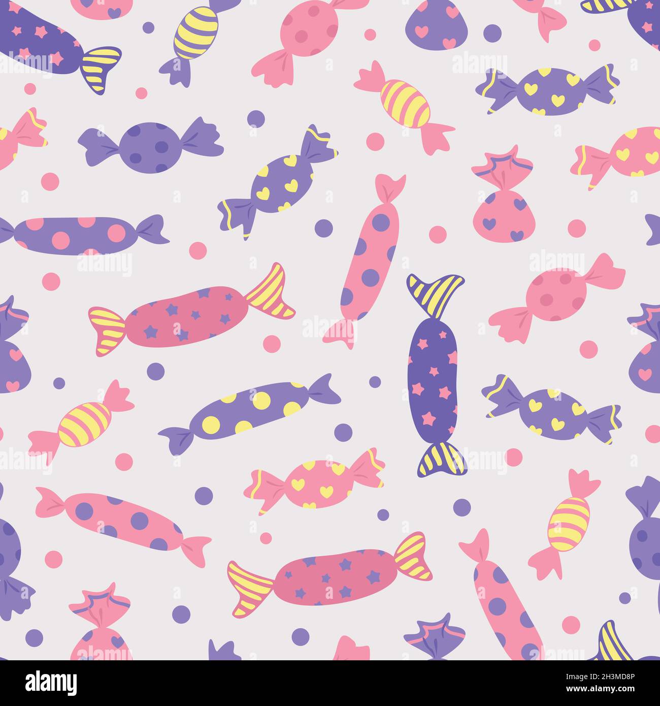 Vector seamless pattern with candies. Design with bonbons in wrappers. Stock Vector