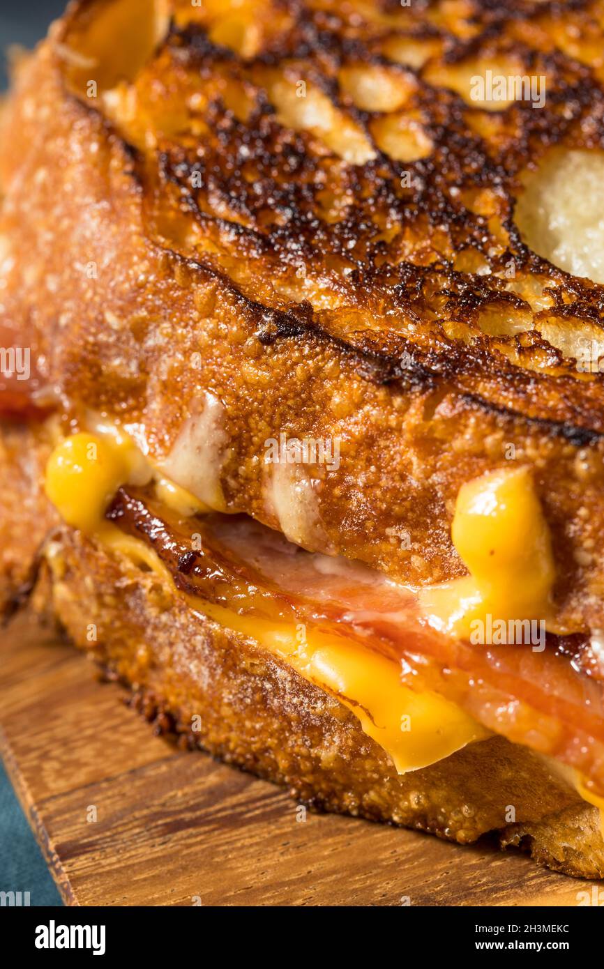 Homemade Bacon Grilled Cheese with Cheddar and Provolone Stock Photo