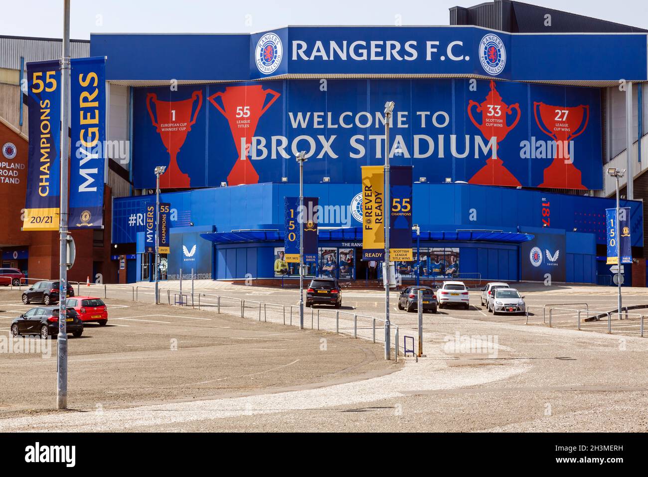 Signage on Ibrox Stadium the home of Glasgow Rangers FC, Ibrox, Glasgow, Scotland, UK, Europe Stock Photo
