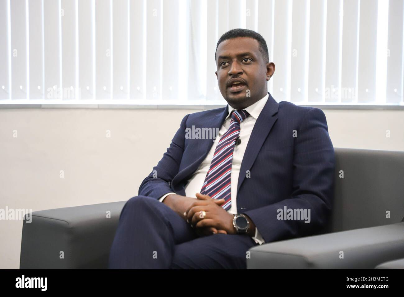 Addis Ababa, Ethiopia. 14th Oct, 2021. Israel Degefa, CEO of Kerchanse Trading Private Limited Company, speaks during an interview with Xinhua in Addis Ababa, Ethiopia, Oct. 14, 2021. TO GO WITH 'Interview: Ethiopian coffee exporter eyeing Chinese market' Credit: Michael Tewelde/Xinhua/Alamy Live News Stock Photo
