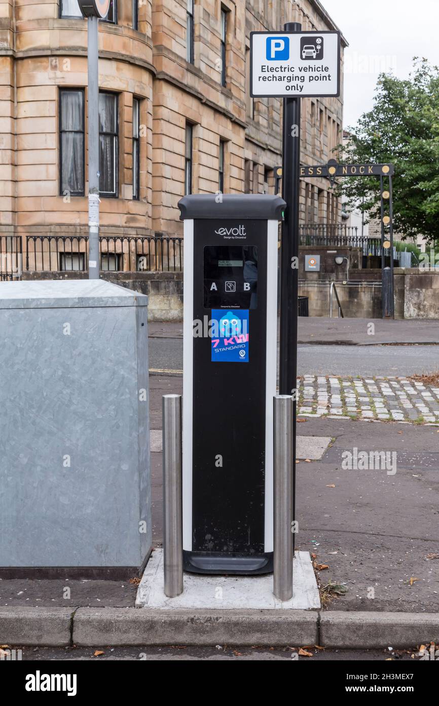 An Evolt electric car charger point in Cessnock, Glasgow, Scotland, UK