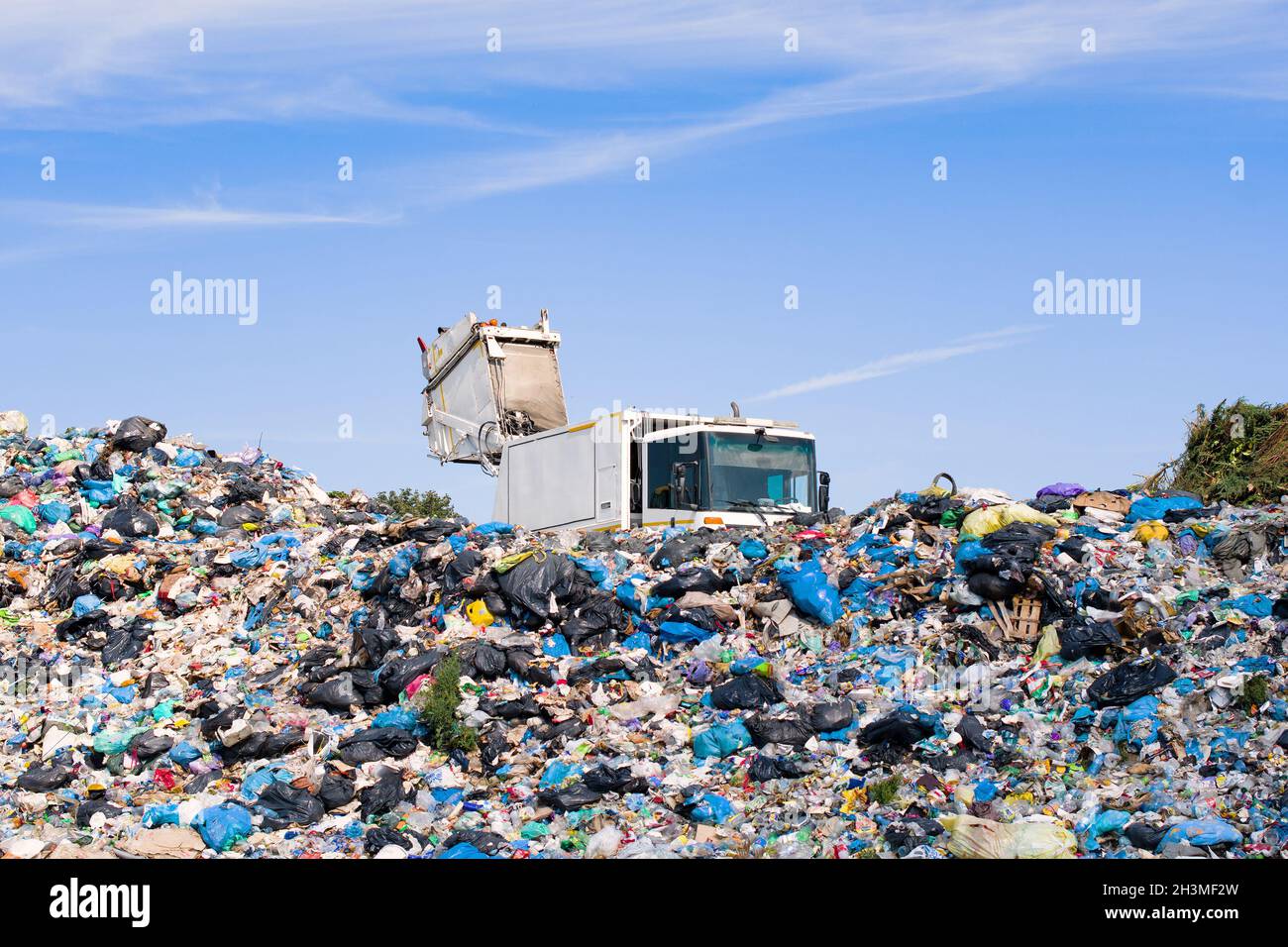 Landfill waste disposal. Garbage truck unloads rubbish in landfill