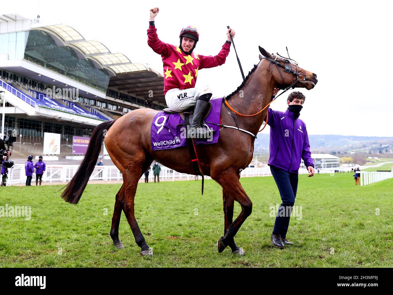 File photo dated 19-03-2021 of Jack Kennedy celebrates on top of Minella Indo after winning the WellChild Cheltenham Gold Cup Chase during day four of the Cheltenham Festival at Cheltenham Racecourse. Gold Cup winner Minella Indo makes his eagerly-awaited return to action in the Ladbrokes Champion Chase at Down Royal on Saturday. Issue date: Friday October 29, 2021. Stock Photo