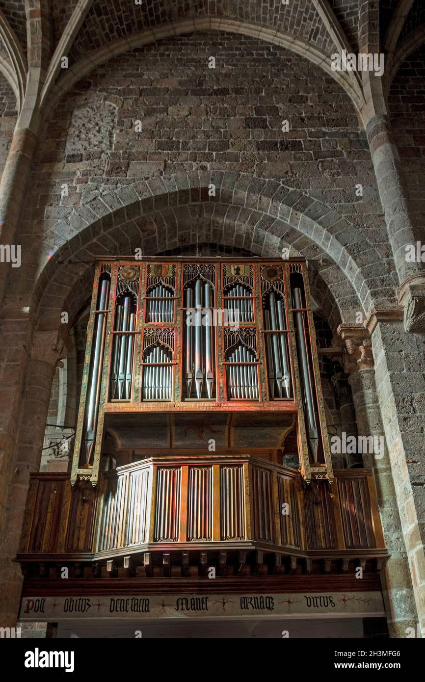 The Monastier-sur-Gazeille, great organ of benedictine Abbey Saint-Chaffre, Haute Loire department, Auvergne Rhone Alpes, France Stock Photo