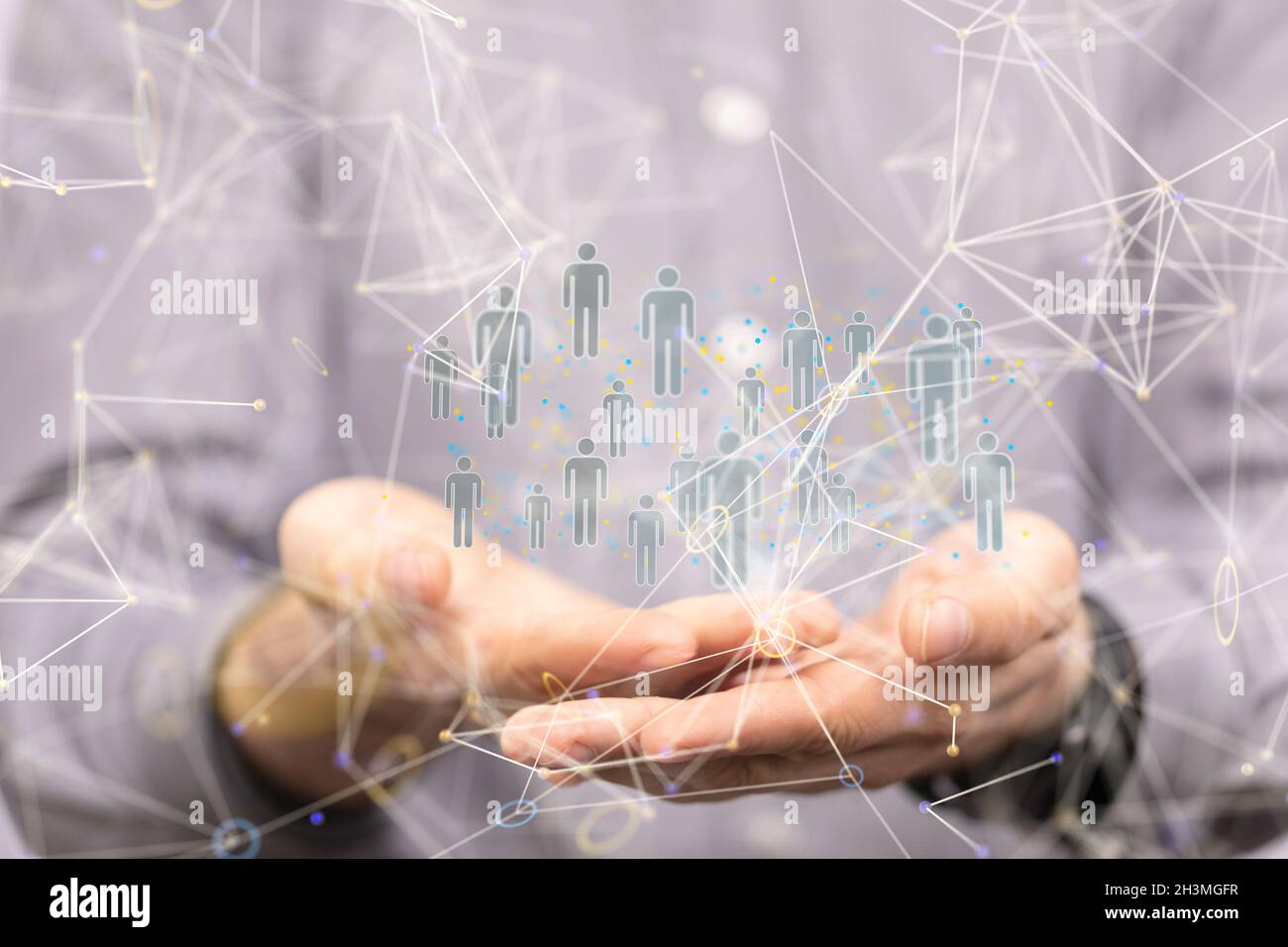 3D rendering of a group of floating blue people icons on a businessman ...