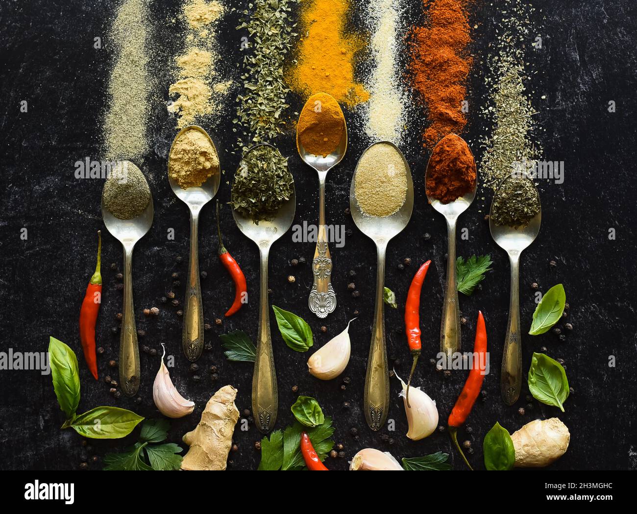 https://c8.alamy.com/comp/2H3MGHC/overhead-of-spoons-full-of-herbs-and-spices-on-a-black-background-2H3MGHC.jpg
