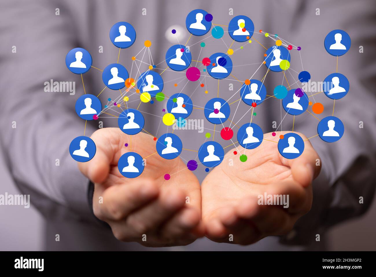 3D rendering of a group of floating blue people icons on a businessman ...
