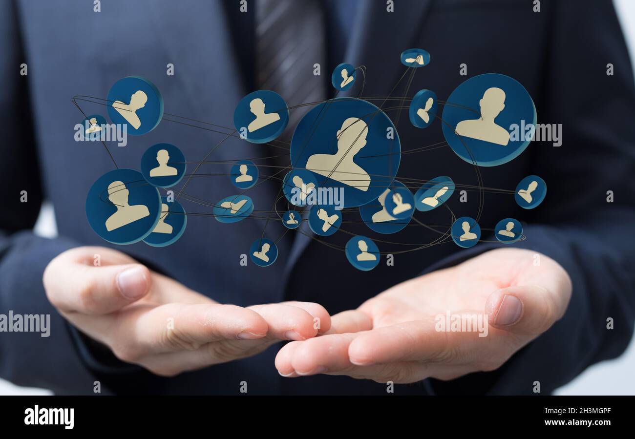 3D rendering of a group of floating blue people icons on a businessman ...