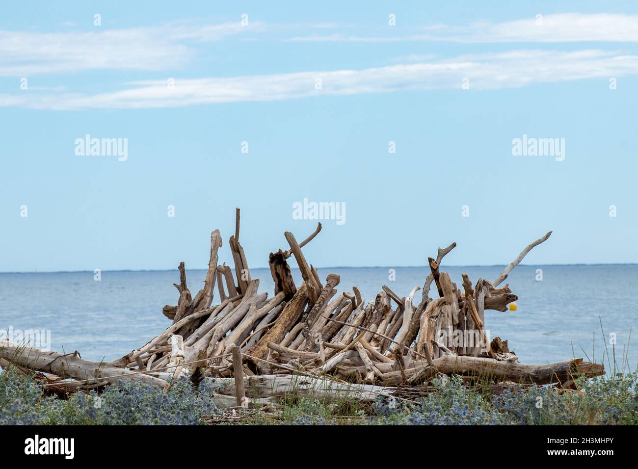 Pyre built up of sticks and fallen logs at the beach with a silent sea ...