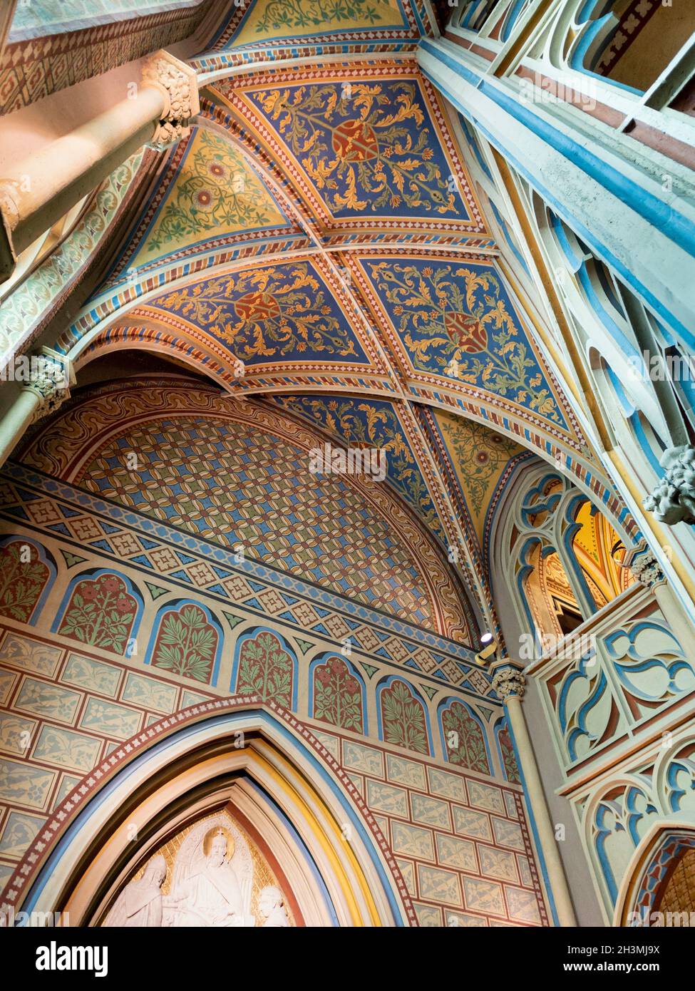 Painted Ceiling and walls of the Matthias Church: Located in Buda in the castle district this church is yet another monument to the exposition of 1896  in the Austro-Hungarian Empire. Stock Photo