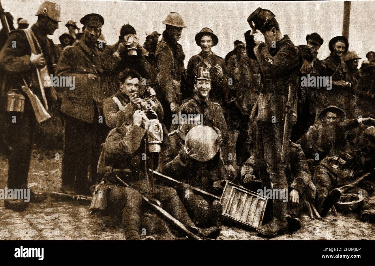WWI - Northumberland Fusileers return from the Battle of Eloi or Sint-Elooi ( aka Actions of St Eloi Craters) with German trophies gathered from the battlefield. Stock Photo