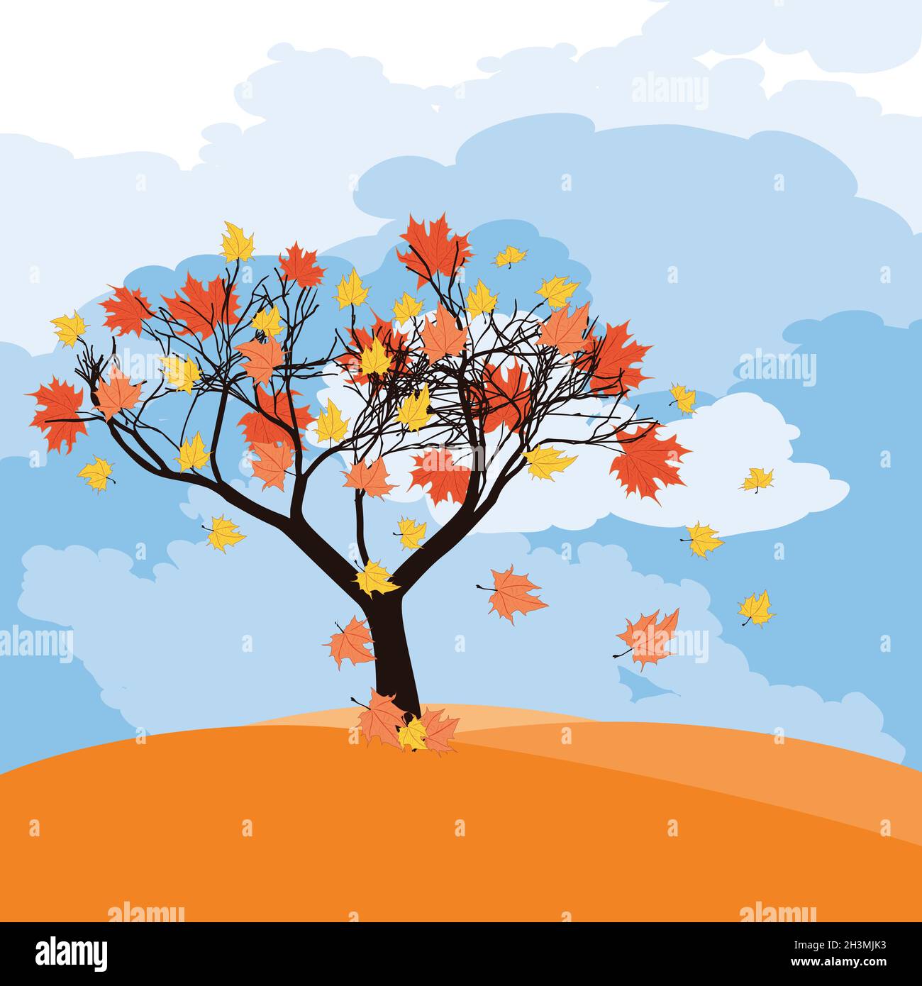 Abstract maple tree with falling autumn leaves over blue sky background. Stock Vector