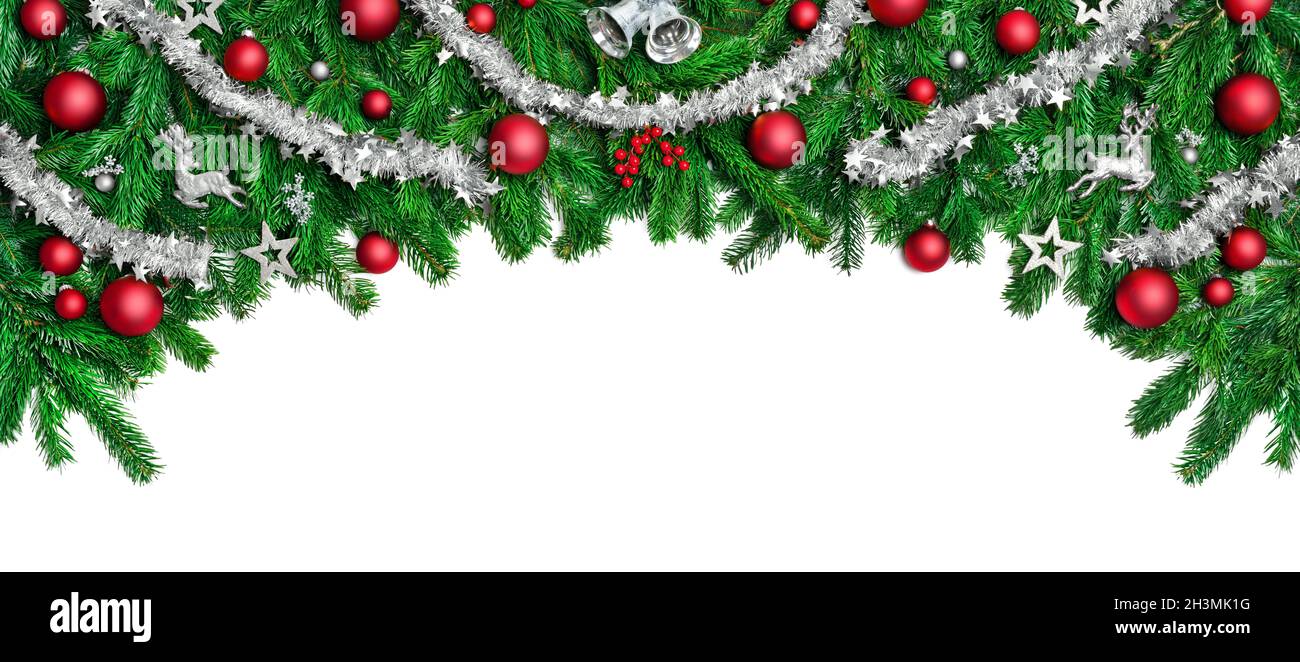 Wide arch shaped Christmas border isolated on white, composed of fresh fir branches and ornaments in red and silver Stock Photo