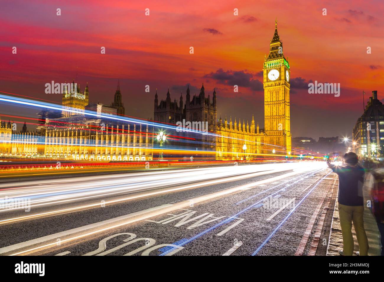 London Big Ben and traffic on Westminster Bridge Stock Photo
