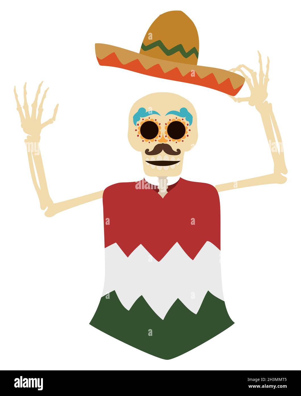 Funny skeleton saluting at you, wearing a Mexican charro hat, poncho and traditional decorations on its face for Day of the Dead. Character in flat st Stock Vector