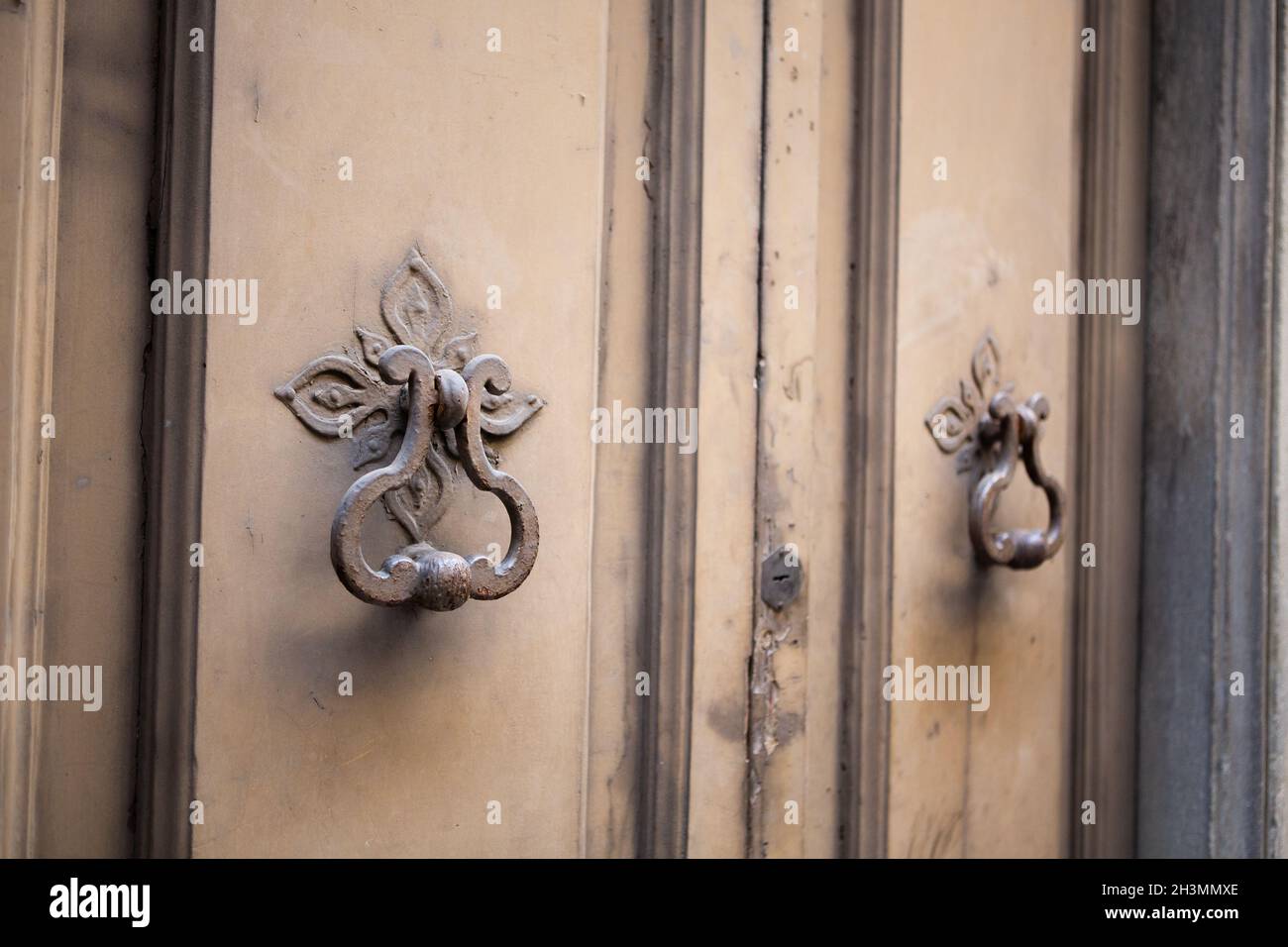 Antique metal handle on front door. Vintage door handles in painted metal. Close up shot Stock Photo