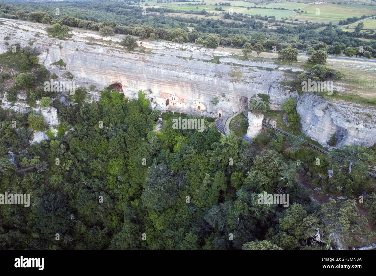Aerial view of Saint Bernabe Ancient Heremitage in a cave in Ojo