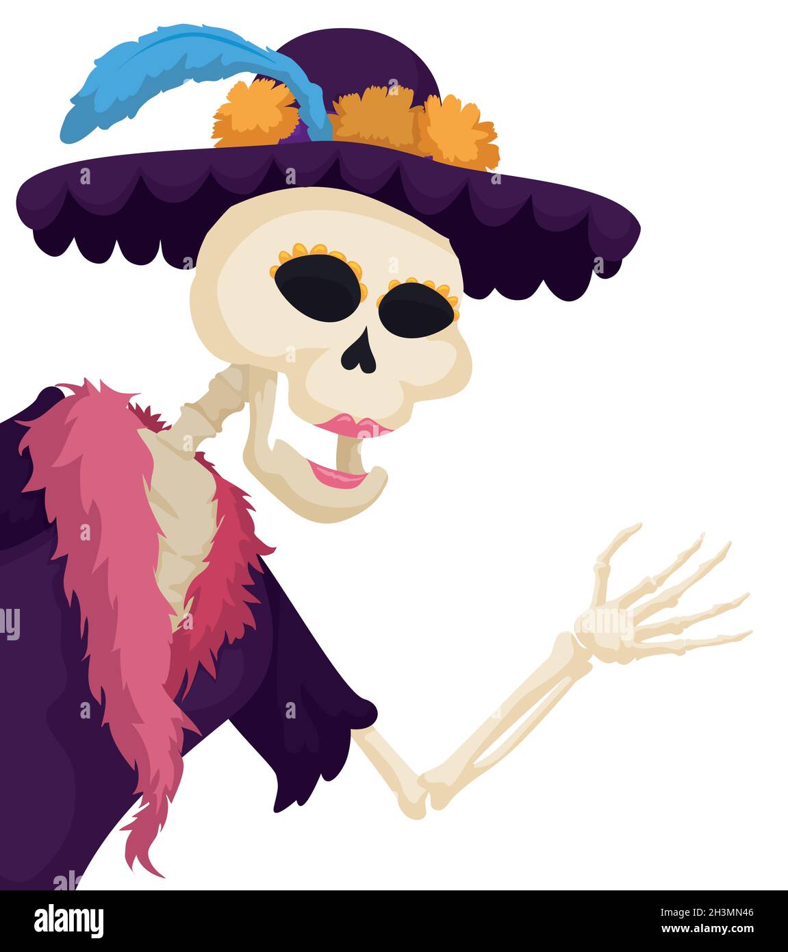 Elegant female skeleton saluting at you, wearing a fancy hat decorated with marigold flowers and blue feather, coat and furry scarf. Stock Vector