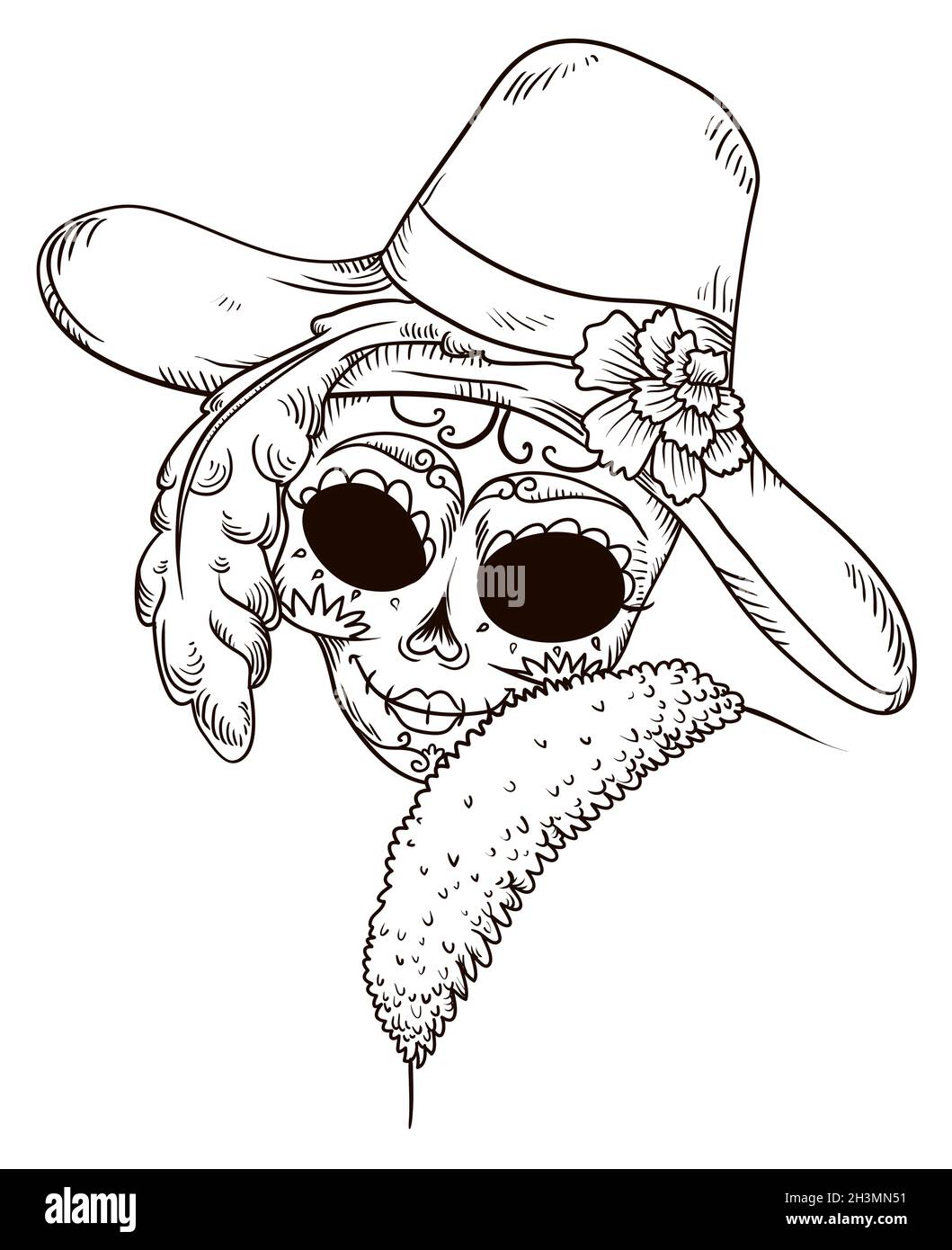 Elegant Catrina character wearing a fancy hat with flower and coat, also with its face decorated with traditional Mexican pattern for Day of the Dead Stock Vector