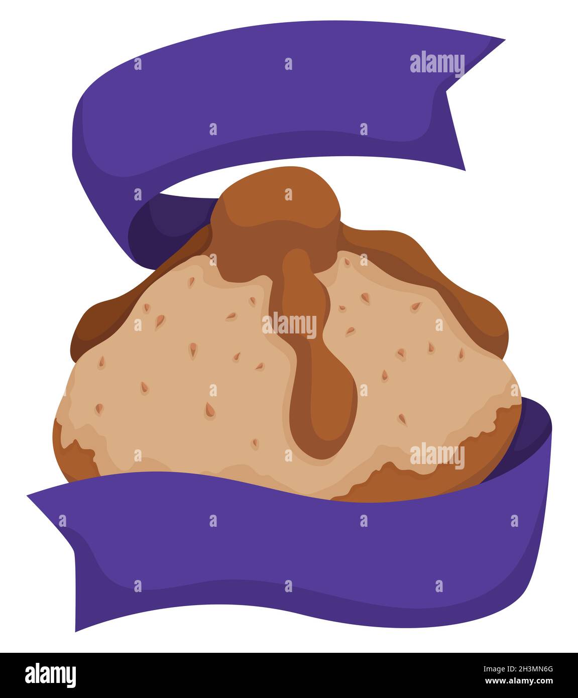 Tasty 'pan de muerto' -or Bread of the Dead-, decorated with giant purple ribbon around it. Stock Vector