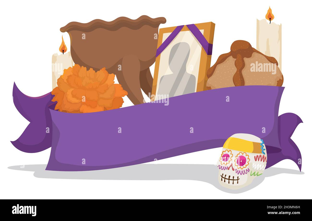 Traditional Mexican shrine with offering for the dead during Day of the Dead celebration: sugar skull, marigold flower, bread of the dead, portrait, c Stock Vector