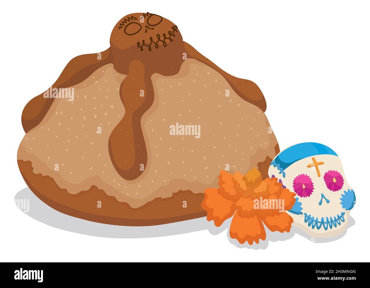 Mexican offering for Day of the Dead celebration: marigold flower, sugar skull and Bread of the Dead. Stock Vector