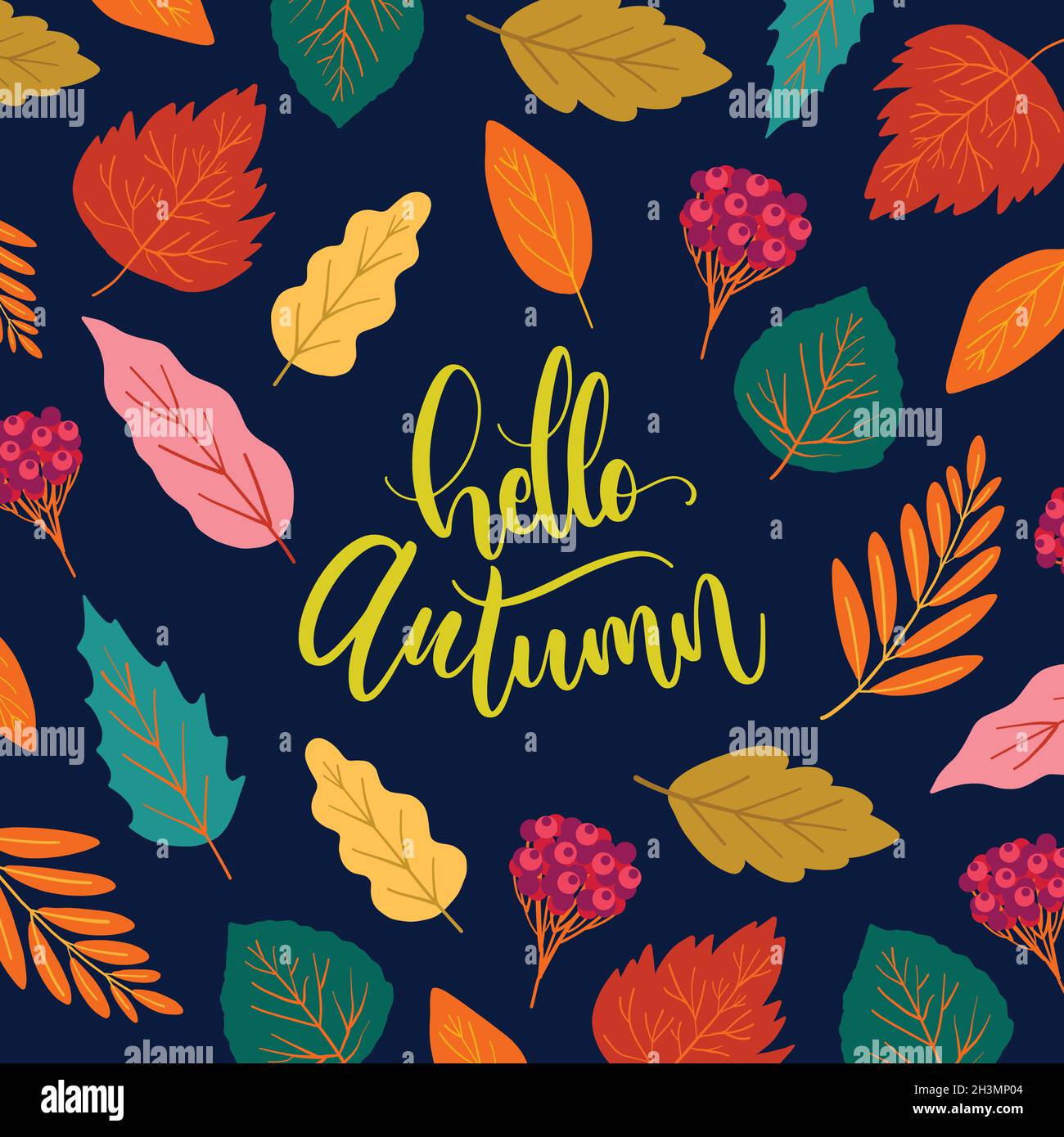 hello autumn lettering background with leaves vector design ...