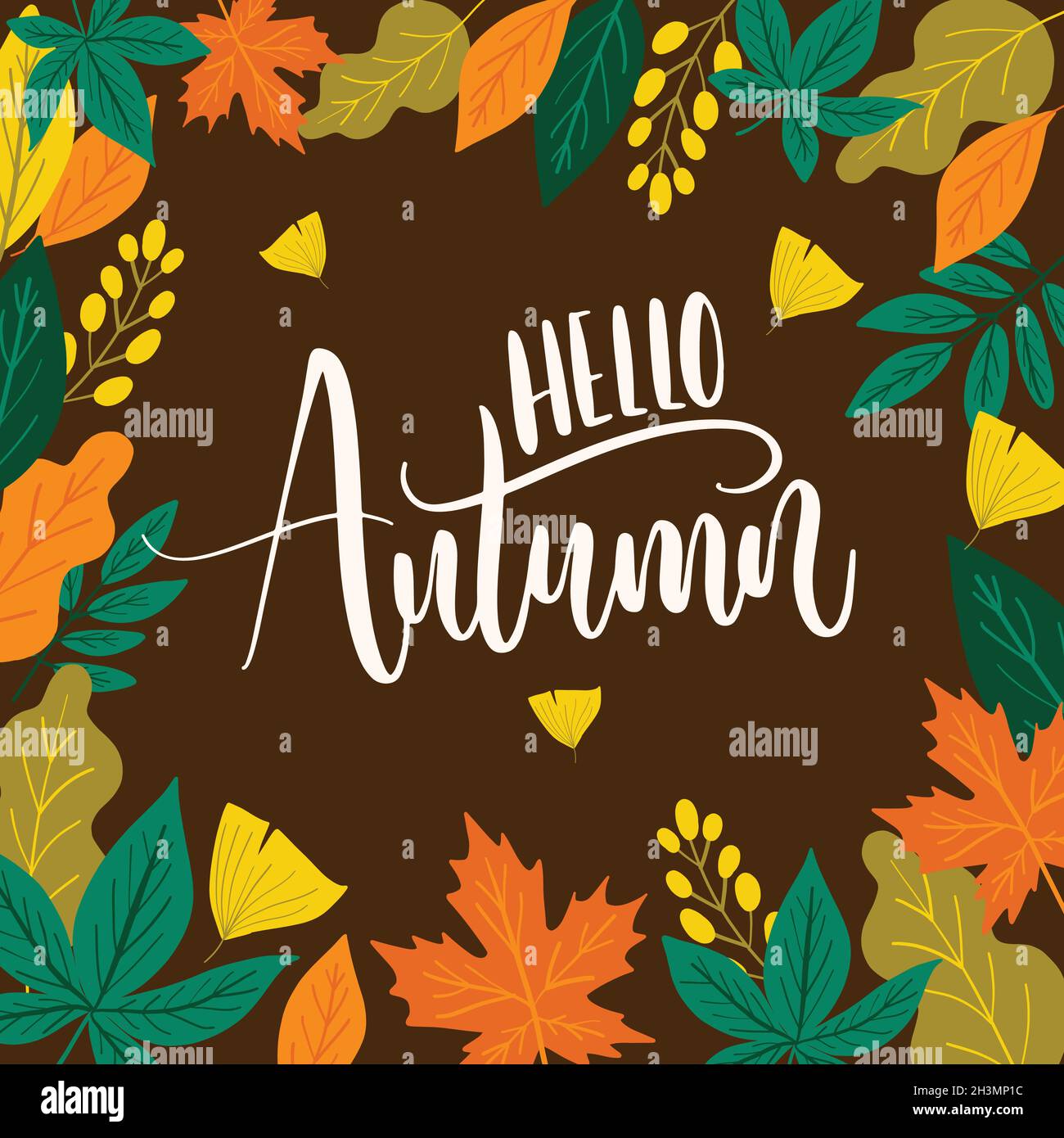 hello autumn lettering background with leaves vector design ...