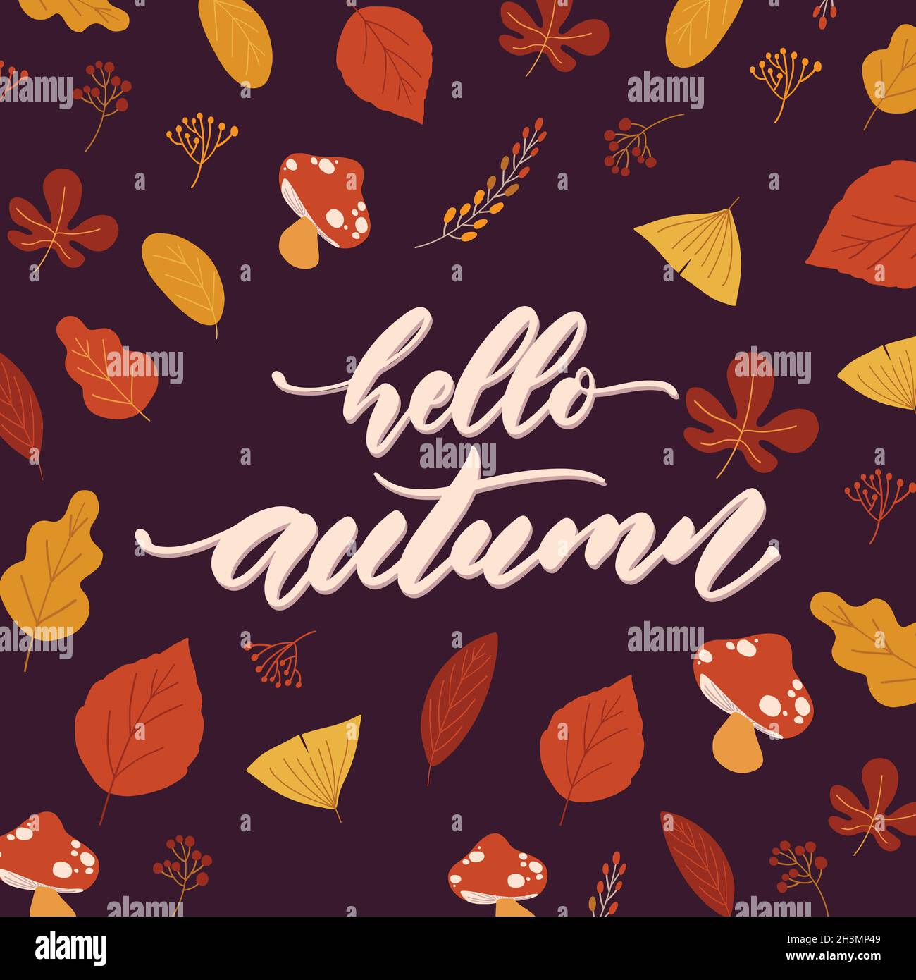 hello autumn lettering background with leaves vector design ...