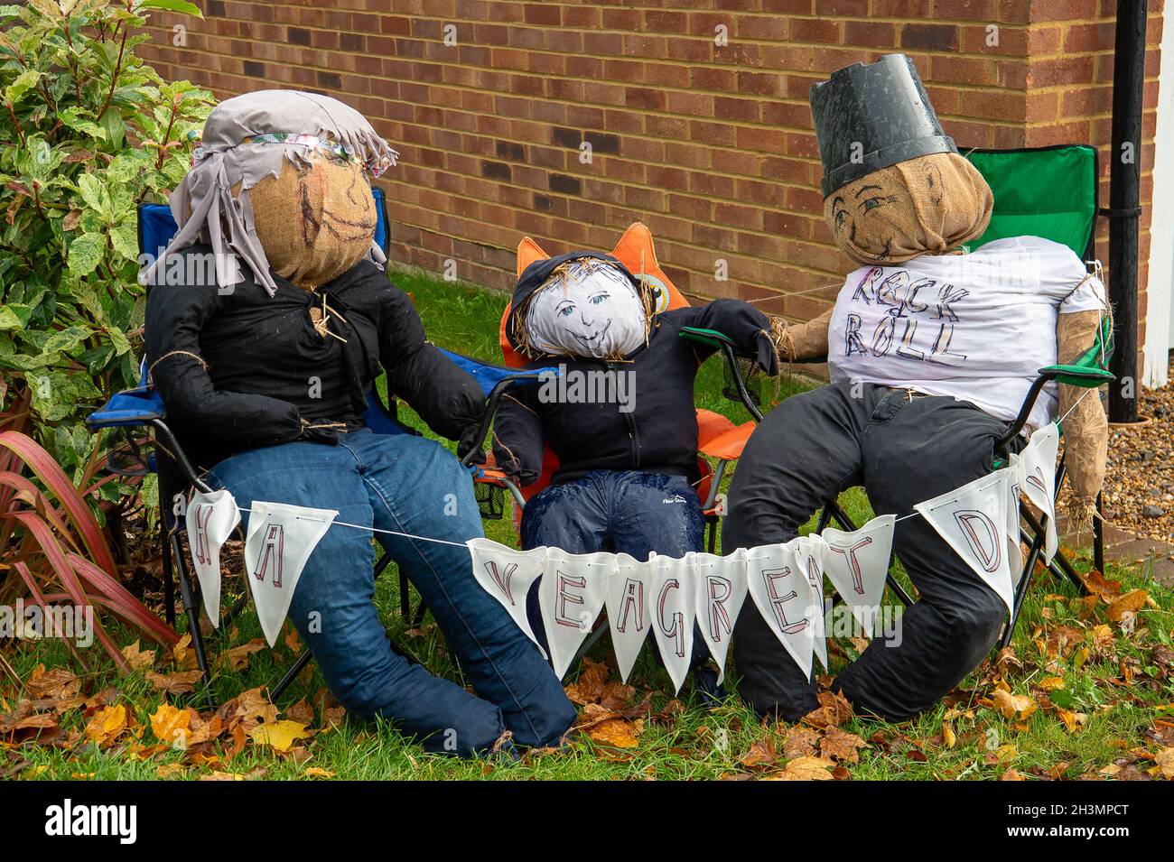 Marlow Bottom, Buckinghamshire, UK. 29th October, 2021. There was plenty to see in Marlow Bottom today as the whacky entries into the Marlow Bottom Annual Scarecrow Festival organised by Friends of Burford were causing plenty of smiles and laughter. Funds raised from the event will go to local Buford School. Credit: Maureen McLean/Alamy Live News Stock Photo