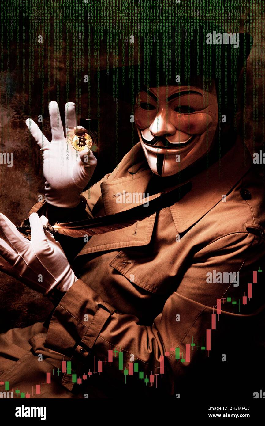 Photography related to the crypto market. Which uses the historical  character of Guy Fawkes, to illustrate the anonymity of Satoshi Nakamoto  Stock Photo - Alamy