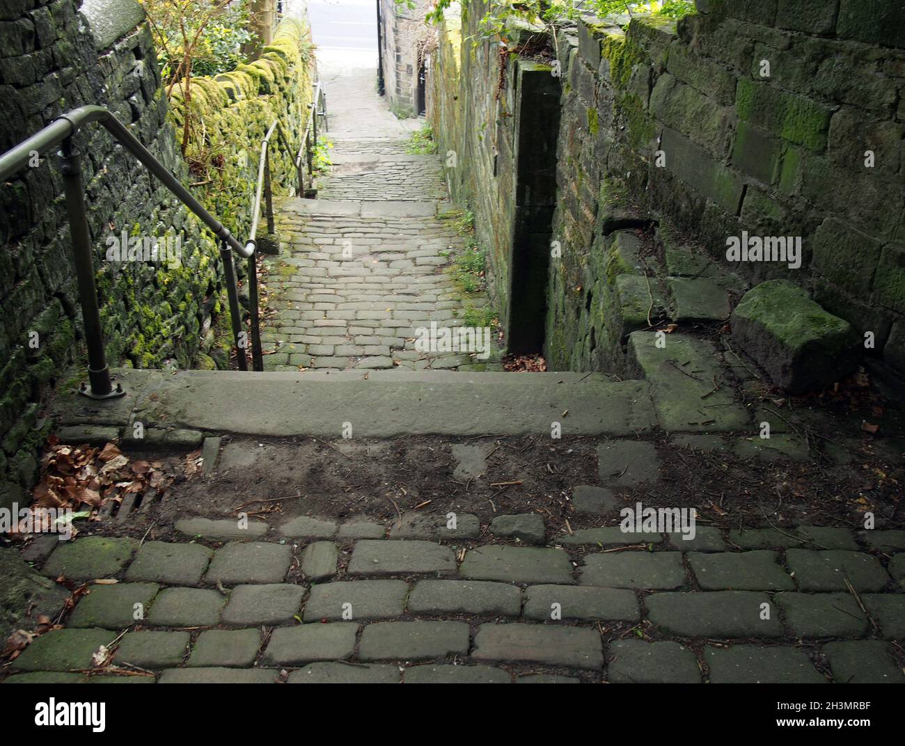 Old outdoor stone steps in dark alley with cobblestones and moss growing on the walls Stock Photo