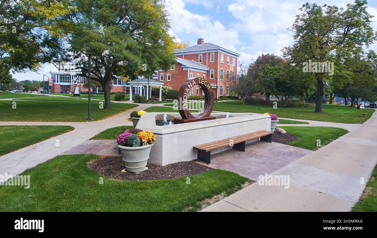Indiana Tech sculpture on grounds of college campus in Fort Wayne