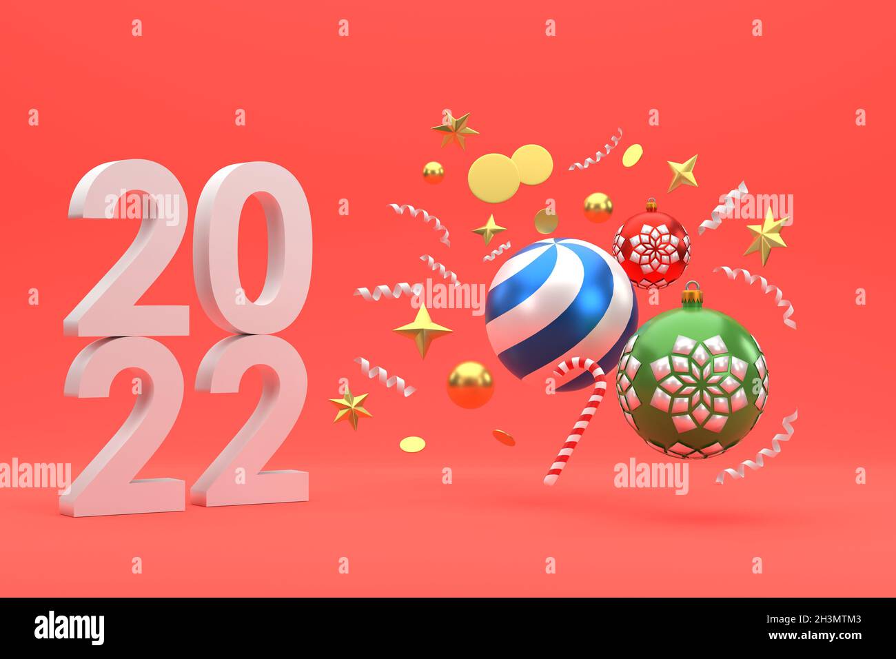 2022 Christmas Event 3D. 2022 Festive Celebrations For Christmas And New Year Party Christmas  Balls Ribbons Gift Boxes On Red Background Stock Photo - Alamy
