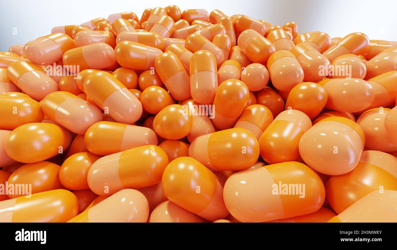 realistic 3d orange color medical pills, Colorful capsules, painkillers