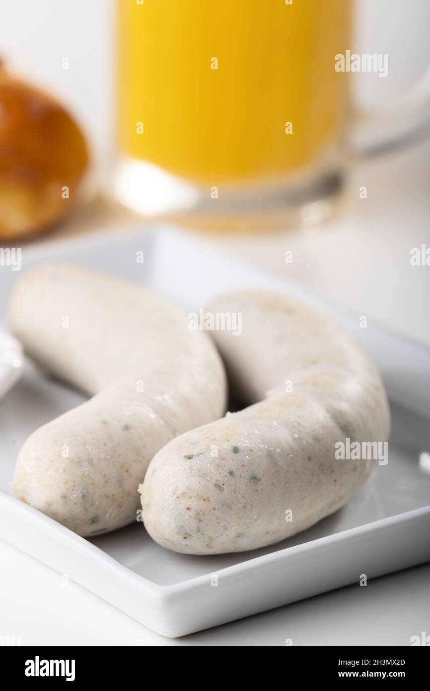 Bavarian veal sausage on the plate Stock Photo Alamy