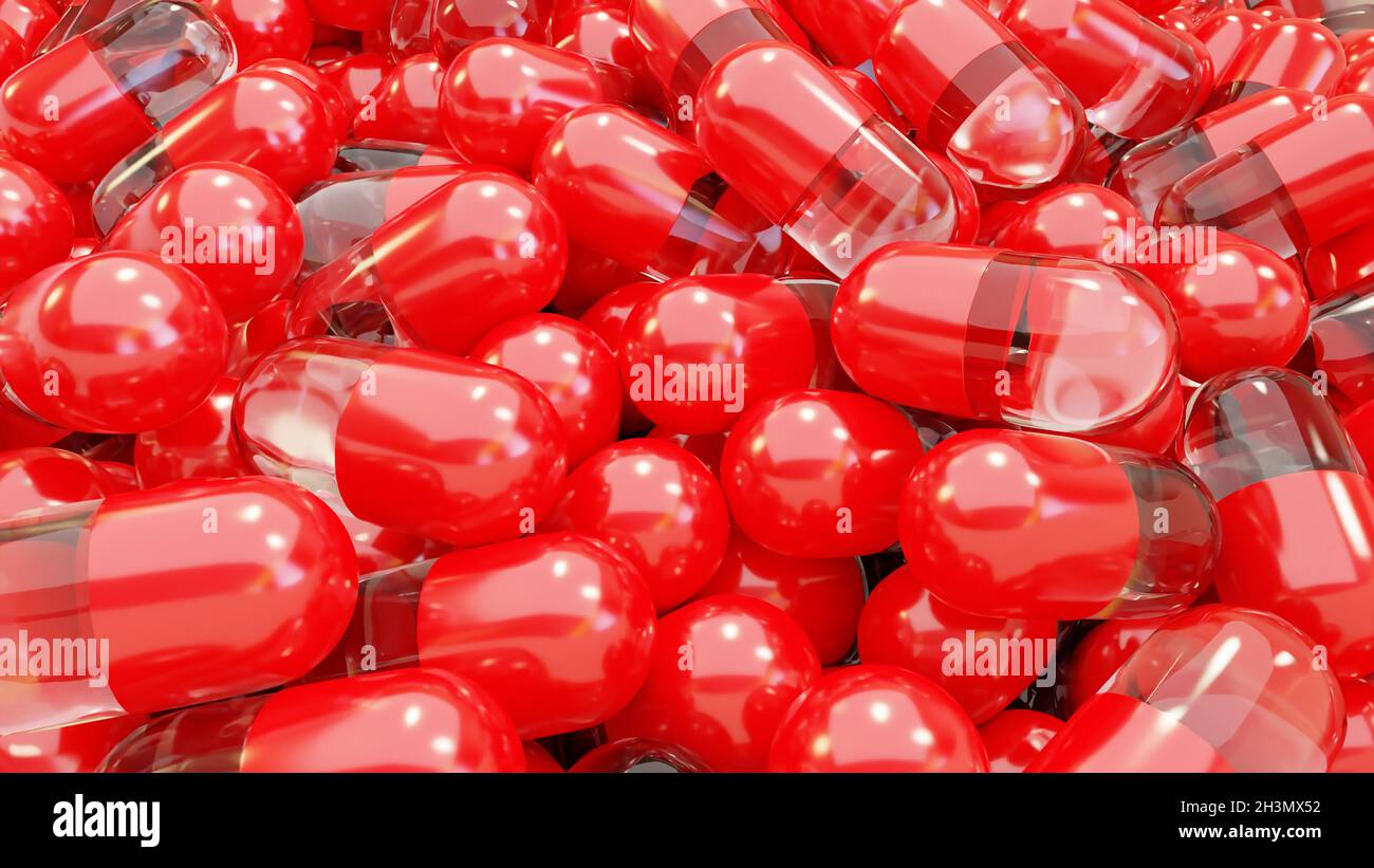 realistic 3d red color medical pills, Colorful capsules, painkillers