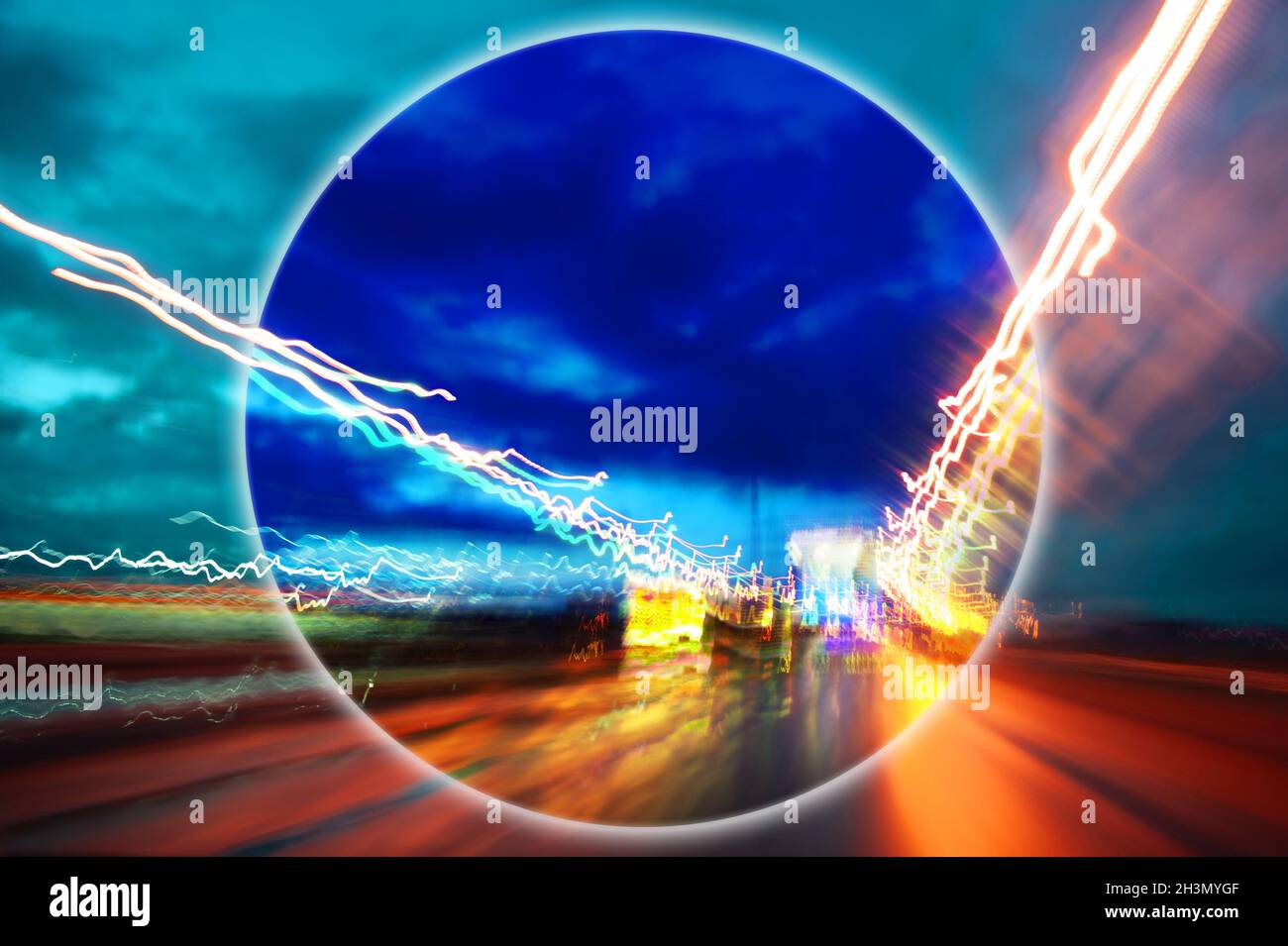 Modern art collage with evening expressway blurred view. Lights night road with motion blur effect in bright neon colors. Contem Stock Photo