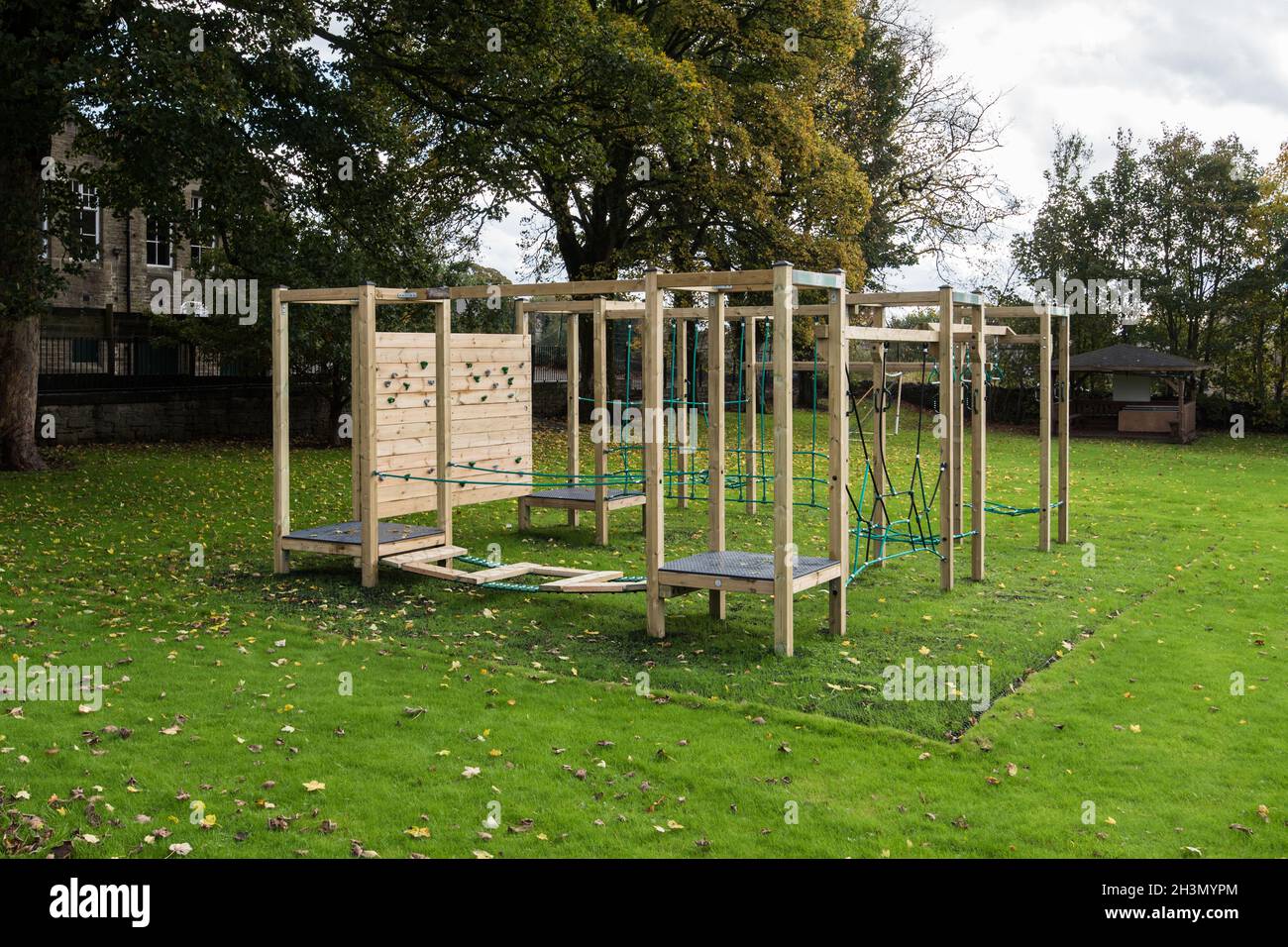 The finished job at Long Preston Endowed school, where new outdoor play equipment has been recently installed (late October 2021) Stock Photo