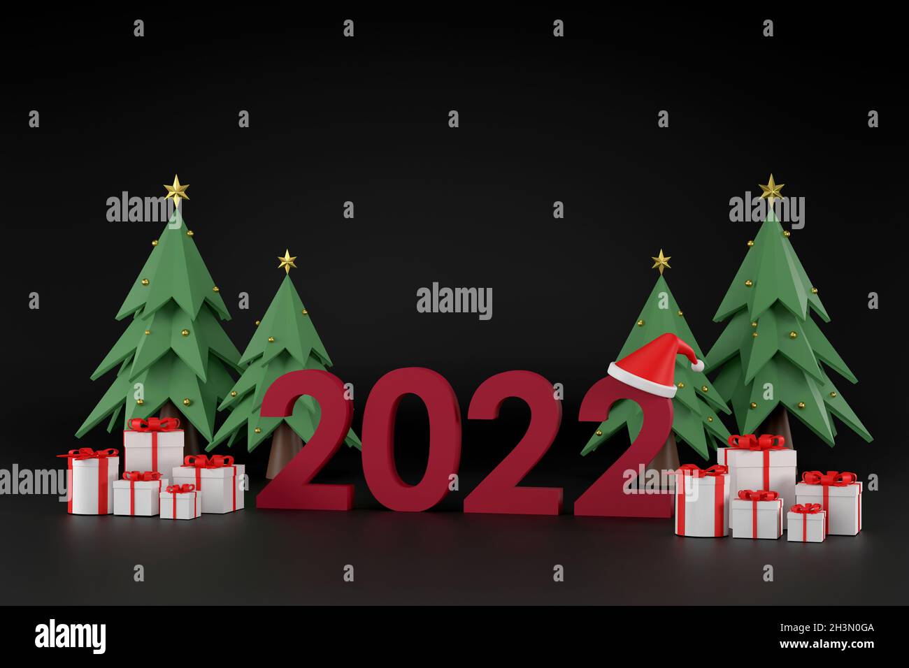 Christmas 2022 Triangle Events 3D. 2022 Font, Santa Claus Hat, Gift Box, Christmas Tree At Christmas And  New Year On A Black Background Stock Photo - Alamy