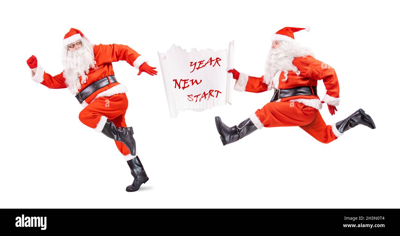 New Year's relay, Santa Claus runs and hand over the paper wish, isolated on a white background Stock Photo