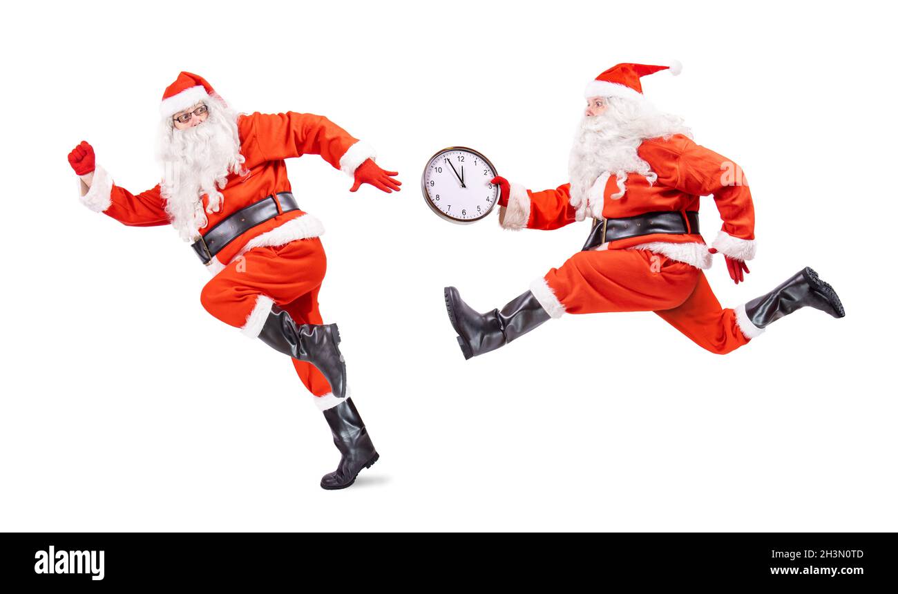 New Year's relay, Santa Claus runs and hand over the clock, isolated on a white background Stock Photo