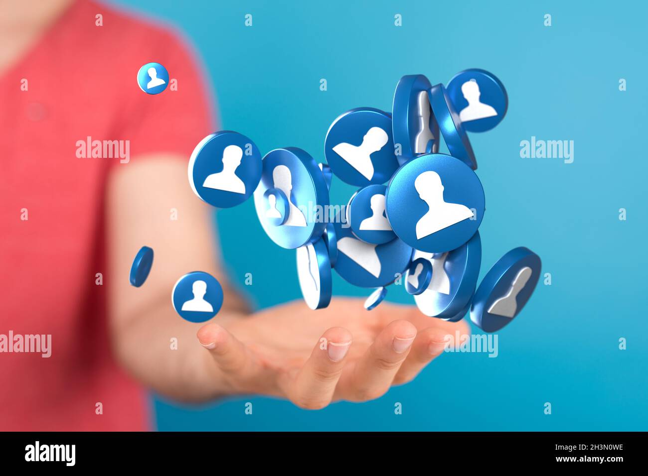 3D rendering of a group of floating blue people icons on a businessman ...